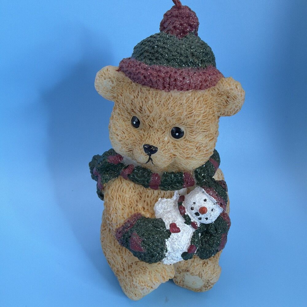 Vtg Christmas TEDDY BEAR Figurine-Snowman-Santa Hat-Knit Scarf Candle